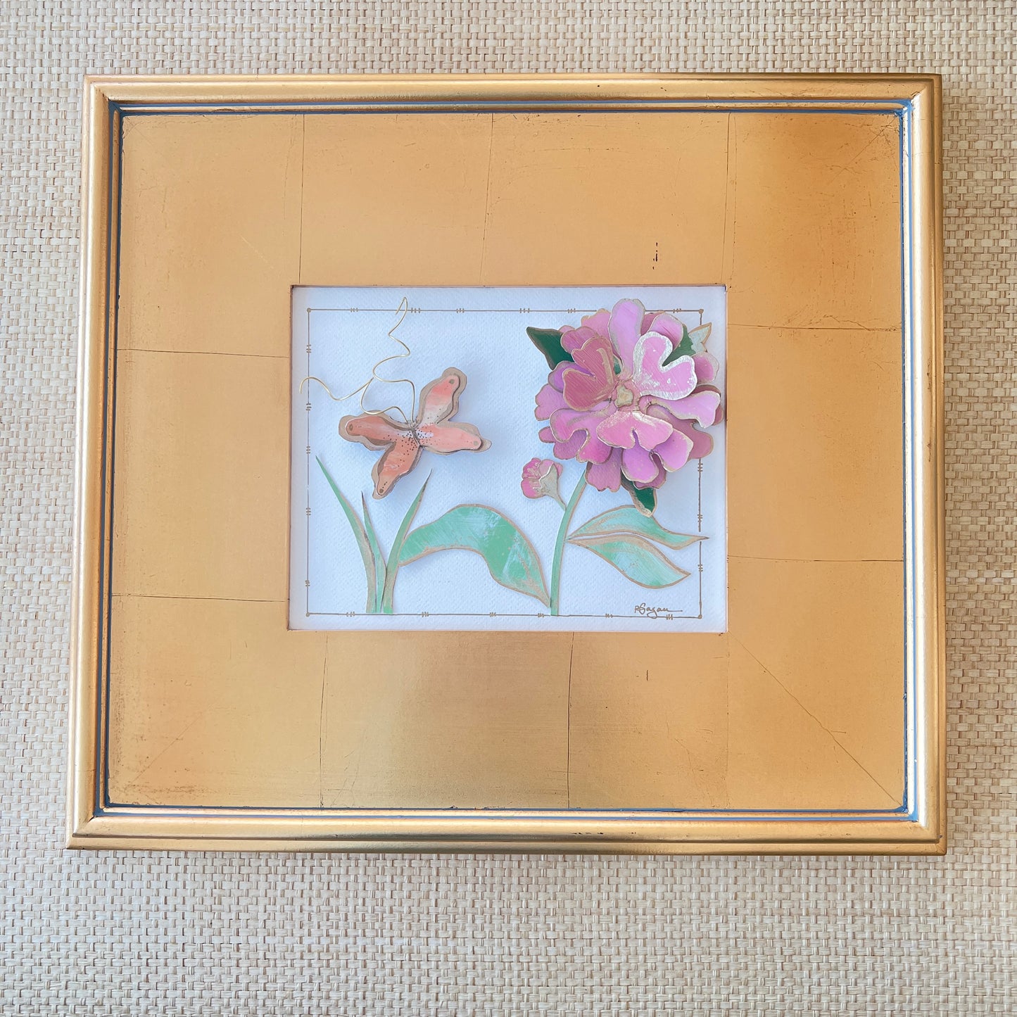 CORAL PINK AND GOLD FLOWER AND BUTTERFLY